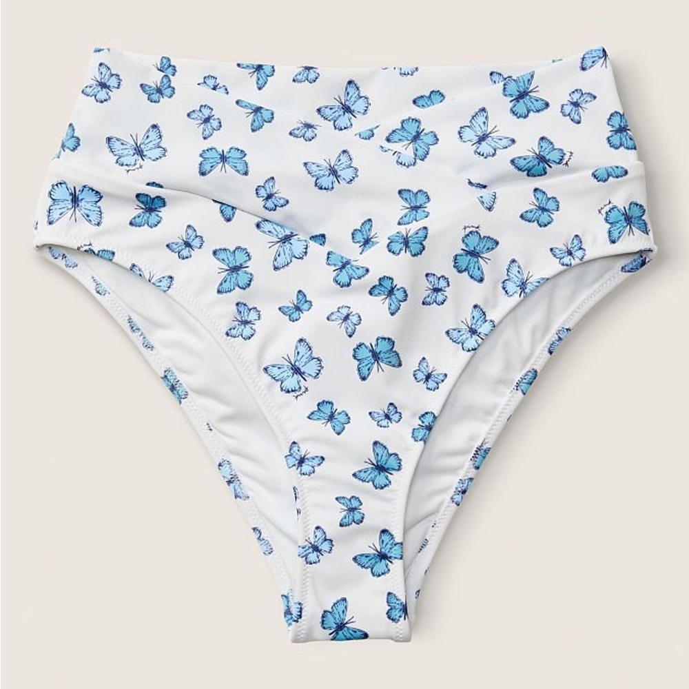 COPY - V Crossover High Waist Bikini Swim-white blue butterfly